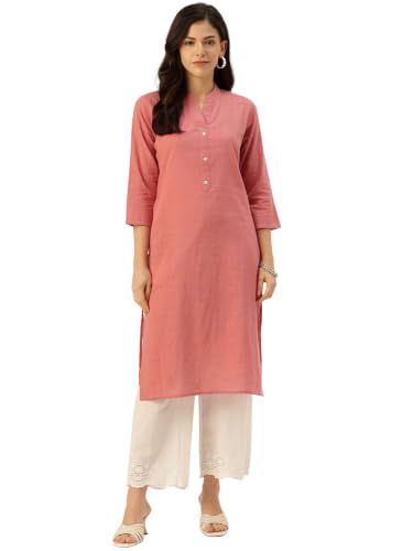 Image of feranoid Women's Plain Cotton Kurta with Mandarin Collar, 3 /4 Sleeves & Pocket