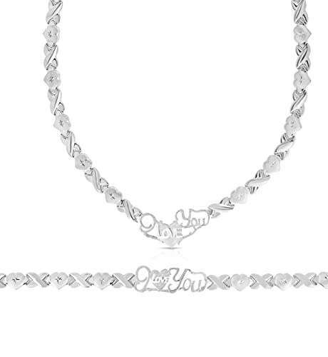 925 Sterling Silver Rhodium Plated Stampato Xo And Heart Xoxo Hugs & Kisses "I Love You" Bracelet & Necklace Set #TOP10