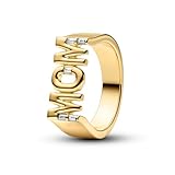 PANDORA Anillo de sello de mamá en oro de 14 quilates con circonitas cúbicas, anillo para mujer con texto MOM y piedras de baguette, tamaño: 58, 164460C01-58