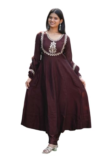 Image of MOKOSH Women's Silk Embroidery Anakrali Kurta Pant with Dupatta | Anarkali Kurta Set | Round Neck Full Sleeve Ethnic Suit | Floral Kurta 7 Colour Option Available | 3 Piece Outfit