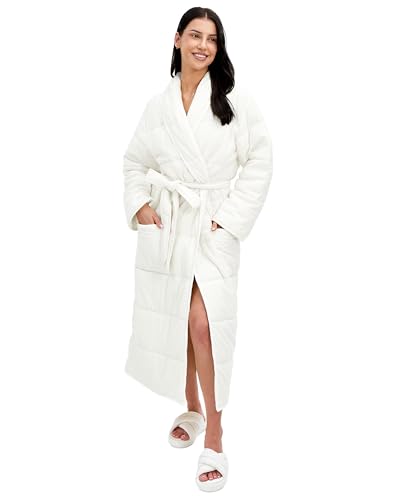 Quilted Duvet Robe - Luxury Jersey Cotton Bathrobe with Thick Double Filling - Floor Length, Heavyweight, Elegant, Hotel Spa Padded Dressing Gown - Bath Robes for Women - White - 2XL