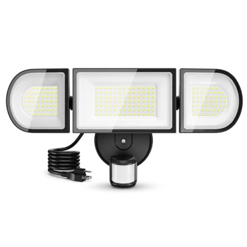 iMaihom 180W Motion Sensor Outdoor Lights Plug in 18000LM LED Security Lights Dusk to Dawn Motion Flood Light 6500K IP65 Waterproof 3 Head Exterior Motion Detector Light for Yard Garage