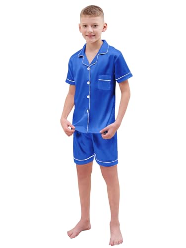 Kids Satin Pajamas Set, 2 Pieces Silk Button Down Shorts Sleepwear Outfit, Royal Blue, 4-5T = Tag 1203