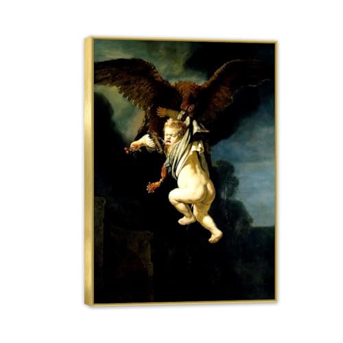 Impression sur toile Le Viol de Ganymède par Rembrandt - Tableau baroque avec cadre doré 70x100cm