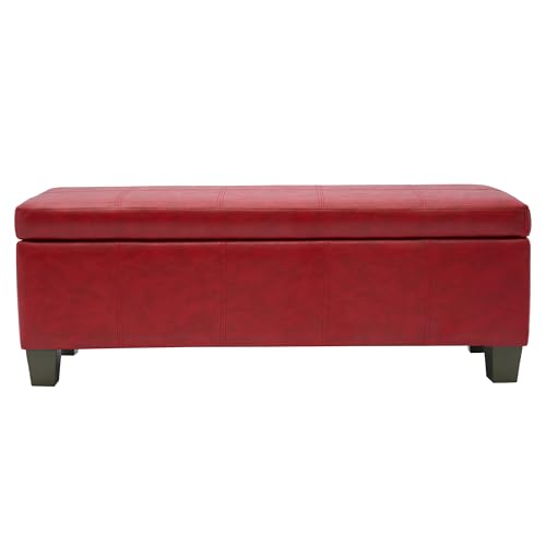 Image of 51 Inch Storage Ottoman, Storage Bench with Safety Hinge, Upholstered Synthetic Leather Ottoman Bench for Bedroom, Living Room, Entryway, Hallway, Foot Rest, Support 500lbs