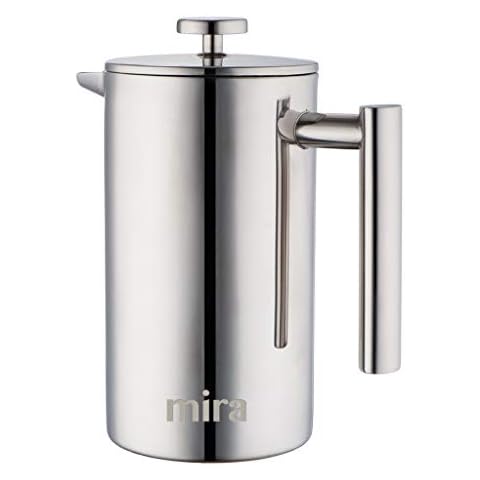 MIRA 34 oz Stainless Steel French Press Coffee Maker with 3 Extra Filters | Double Walled Insulated Coffee & Tea Brewer Pot & Maker | Keeps Brewed Coffee or Tea Hot | 1000 ml Cover