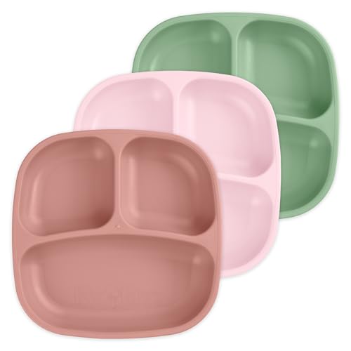 Image of Re-Play Divided Toddler Plates Set of 3 - Deep-Walled 3 Compartment Kids Plates for Picky Eaters - Dishwasher & Microwave Safe - BPA-Free - Made in USA, Desert Roses