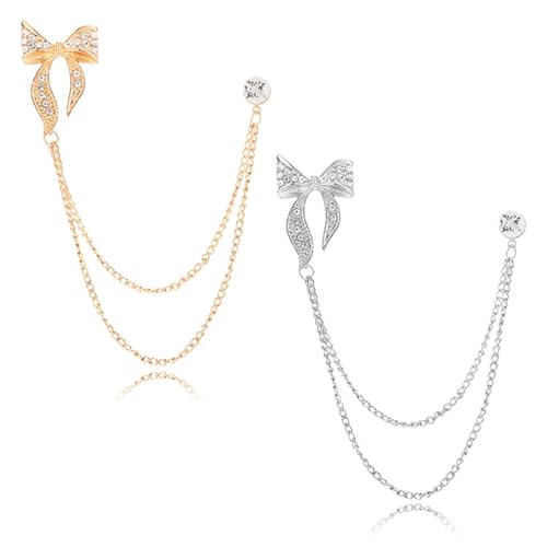 Image of 2PCS Crystal Hanging Chain Brooch Suit Pin for Men Women Vintage Crown Cross Star Diamond Broochs Gold and Silver Wedding Brooch for Clothes Dress Hats Bags Accessory