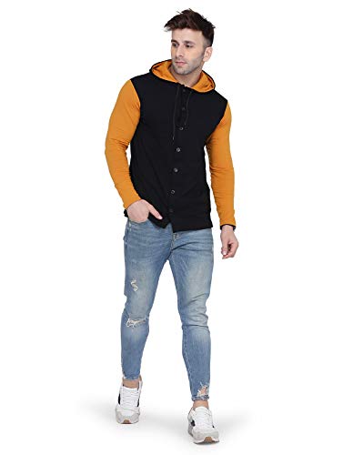 Image of Geum Men's Full Sleeve Hooded T-Shirt with Button-Down Front | Casual Slim Fit Cotton Shirt-Style Tee