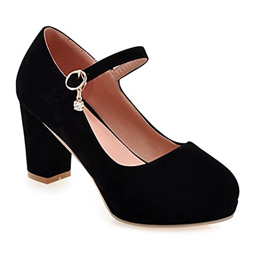 Women's Chunky High Block Heel Pumps Suede Round Toe Mary Jane Platform Casual Office Dress Shoes