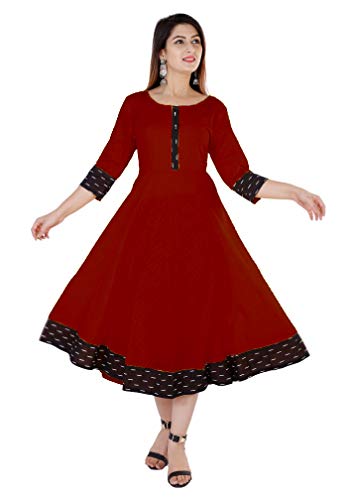 Image of Cotton Plain Black Parinted Lace Border Anarkali Dress Kurtis for Women - Not a Set with Dupatta or Pant
