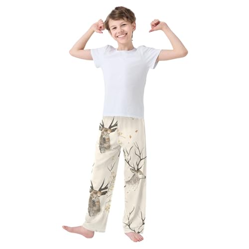 Reindeer and Floral Boys Long Pants Soft Trousers Elastic Waist Kids Lounge Bottoms with Pockets S-XL2
