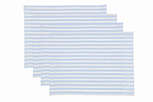 Image of Solino Home 100% Linen Placemats, 14 x 19 in, Blue, Amalfi Stripe, Set of 4 | protect and style the table setting, woven stripe, European flax fibres, gift ready packaging, soft, fine, OEKO-TEX Certified