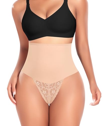 Image of Werena Tummy Control Thong Shapewear for Women Mid High Waisted Body Shaper Underwear Lace Shaping Thong Girdle Panties