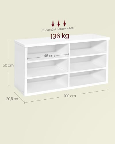 VASAGLE Panca Scarpiera, Scarpiera Ingresso, 6 Scomparti, Ripiani Regolabili, per Soggiorno Corridoio, 29,5 x 100 x 50 cm, Bianco Nuvola LSB036W01 - Immagine 2