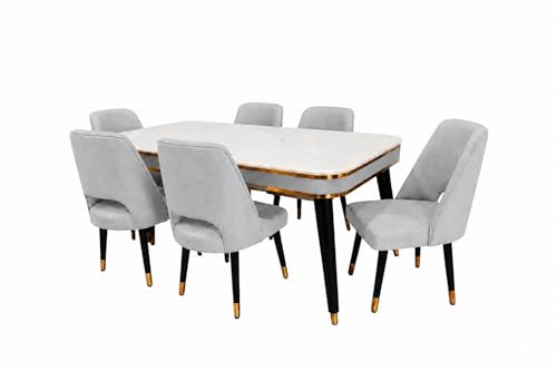 Image of WOODEN SPACE 6-Seater Wooden Dining Table Set | Nano Composite Marble Top | Solid Wood Base | Modern Dining Room Furniture with 6 Chairs (Light Grey Vintage)