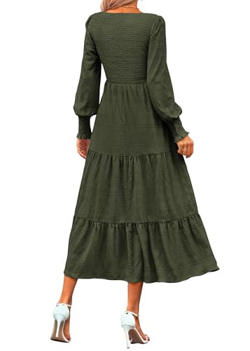 KIRUNDO Spring Dresses for Women 2026 Wedding Guest Maxi Long Sleeve Summer Smocked High Waist Flowy Party Cocktail Dress(Army Green, XX-Large) — view 2