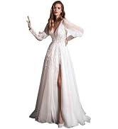 lorie boho wedding dress Tulle Lace Dresses for Bride 2025 Deep V Neck Romantic Long Sleeves Appliques Beach Bridal Gowns with Slit 0 K-White at Amazon Women's Clothing store 12 months baby dress