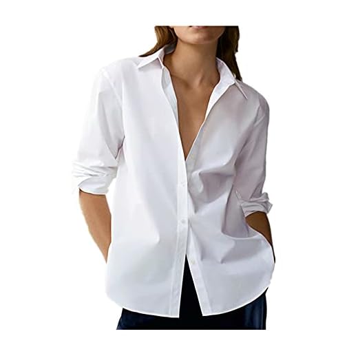 NP Damer enkel mode poplin ren vit blus skjorta, Vitt, S