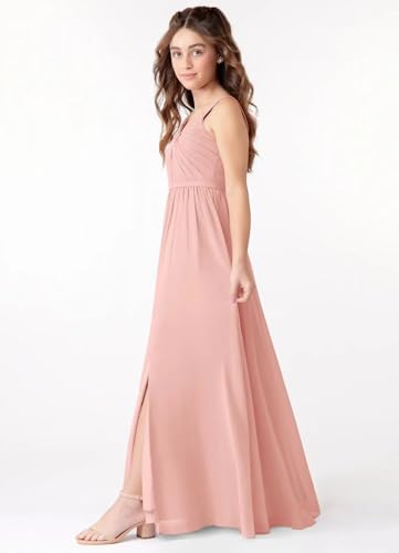 Sleeveless Toddler Flower Girls Dress Satin Jr Bridesmaid Dresses Girls Long Dusty Pink Dress V Neck Spaghetti Strap Junior Dresses for Teen Kids Formal Gowns Size 10-123