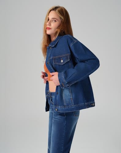 roswear Jean Jacket Women Oversized Long Sleeves Button Up Washed Denim Western Jackets Trucker Coat2