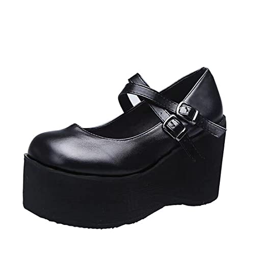 Ulalaza Mujer Mary Jane Vestido Bombas Lolita Zapatos Linda Plataforma Gótico Doble Tobillo Correa Punta Redonda Tacón Grueso Uniforme Bombas Zapatos Fiesta Escolar Trabajo
