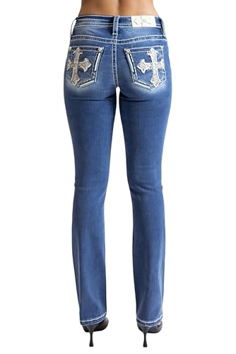Miss Me Women's Warm Boho Cross Mid-Rise Bootcut Jeans
