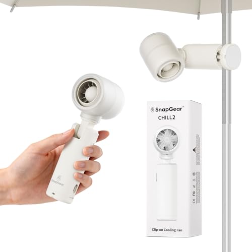 Snapgear Handheld Fan CHill2, Clip-on Fan, Dual-Axis Adjustable, Folds 90° Vertically & Rotates 180° Horizontally, 5 Speeds, 14000 RPM, USB Rechargeable, Portable for Stroller, Crib, Umbrella, Desk