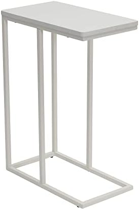 Household Essentials Industrial Narrow End Table | Metal C Shaped Frame and Rectangle Wood Top, Scandinavian White