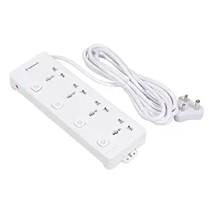 FatCherry 6A 4 Way Extension Board max Rating 2500W Wire Length 3 Meters with 4 Individual Switches, Led Indicator (White)- 4 Universal Sockets
