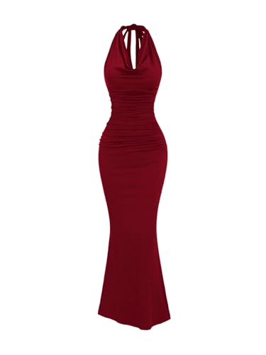 Image of GORGLITTER Women's Halter Formal Cocktail Beach Wedding Guest Maxi Dresses | Cinched Waisted Dress, Cowl Neck Dress, Birthday Club Dresses, Date Night Going Out Dress for Women