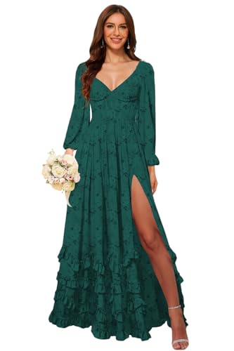 Floral Printed Ruffle Bridesmaid Dress with Slit Long Sleeves Corset Tiered Chiffon Formal Evening Maxi Dress LN168