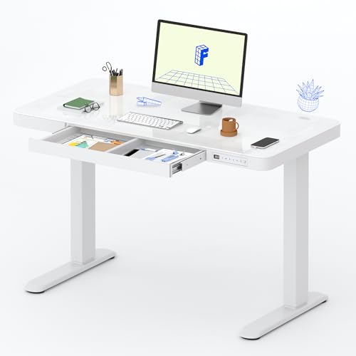 FLEXISPOT Comhar Electric Pure Glass Standing Desk with Drawer Desktop & USB Charge Ports, 48' Ergonomic Height Adjustable Sit to Stand Desk for Home Office (White, Glass)