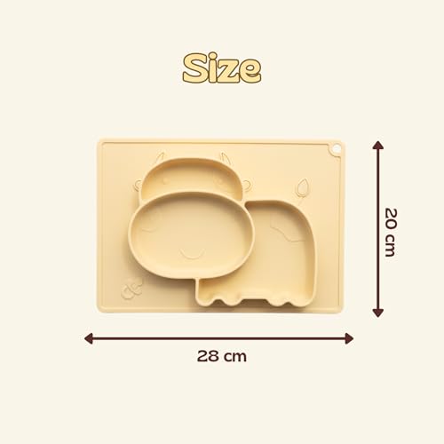 Image of Silicone Baby Meal Plate Set with Spoon & Fork | Hippo Shaped | Banana Yellow | 3 Section Divided Plate for Toddlers | Food Grade Kids Feeding Set | Microwave Dishwasher Safe