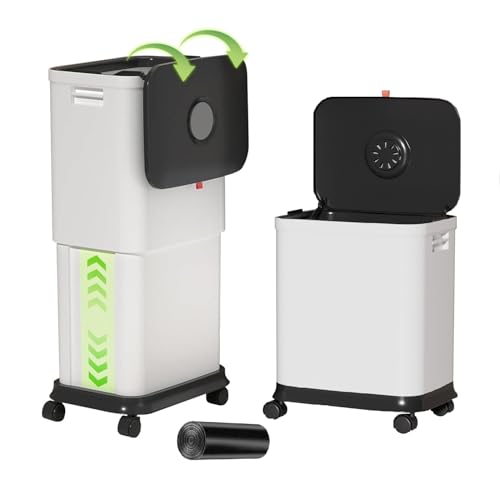 Image of Kitchen Trash Can with Lids and Wheels, 20l-45l Rolling Garbage Can with Adjustable Capacity /Height, Plastic Tall and Large Trash Bin, White Indoor TrashCan on Wheels, Movable Trash-Can