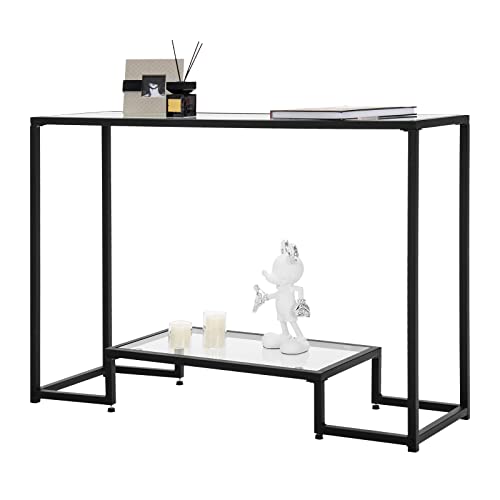 Giantex Narrow Console Entryway Table - Modern Sofa Side Table With Storage Lower Shelf, Heavy-Duty Steel Frame, Tempered Glass Display Console Table For Living Room, Hallway, Entryway, Black #TOP12