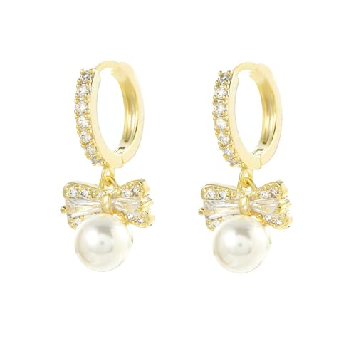 MIKAMU 14K Gold Ribbon Bow Stud Hoop Earrings for Women CZ cubic zirconia Dainty Gold Plated Pearl Earring for Women Jewelry