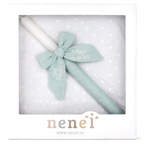 Vela de batismo personalizada - Vela batismal personalizável com nome e data - Círio sacramental decorado - Círio de batismo - Modelo Bambula - Nenel (Verde Menta)