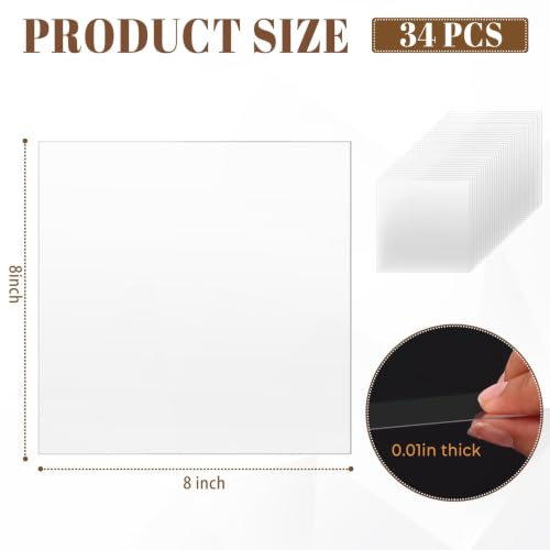 Image of TKOnline 34 PCS Clear Acrylic Sheets, 8 inch x 8 inch x 0.01 Plexiglass Sheets