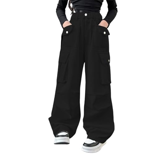 Girls Baggy Cargo Pants Straight Wide Leg Pants Teens High Elastic Waist Loose Fit Solid Color Working Trouser Clothes