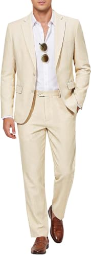 MAGE MALE Mens 2 Piece Linen Suits Casual Lightweight Blazer Jackets and Pants for Wedding Business Prom Beige