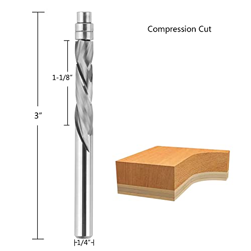 Spetool 5Pcs Spiral Flush Trim Router Bits With Guide Bearing 1/4 Shank,1-1/8" Cutting Diameter Extra Long 3" Ovl,Carbide Compression Router Bit For Wood Trimming #TOP1