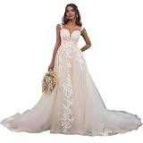 Simple Wedding Dresses for Bride White Covered Button Spaghetti Straps Lace Appliques Backless Cheap