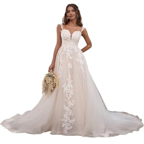 Simple Wedding Dresses For Bride White Covered Button Spaghetti Straps Lace Appliques Backless Cheap Plus Size Tulle Beach Bridal Ball Gowns With Train Us24W #TOP11