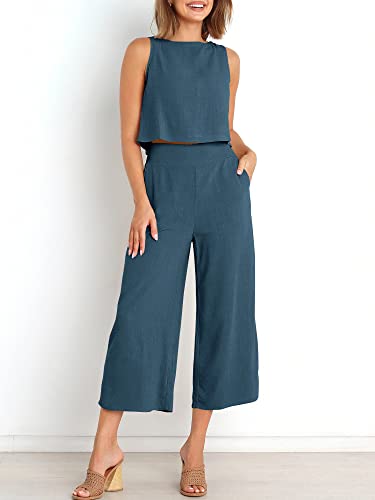 Image of ANRABESS Women's Summer 2 Piece Outfits Sleeveless Tank Crop Button Back Top Cropped Wide Leg Pants Set Pockets
