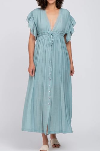 Image of R.Vivimos Maxi Dresses for Women 2026 Summer Short Sleeve V Neck Drawstring Tie Boho Loose Flowy Long Dresses with Pockets