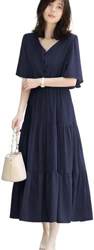 Ino Women's Long Dress, Short Sleeve, Flare Sleeves, V Neck, High Waist, Lining, Falling, Body Cover, Stylish, Feminine, Cute, Everyday Wear, Travel, Casual, Summer