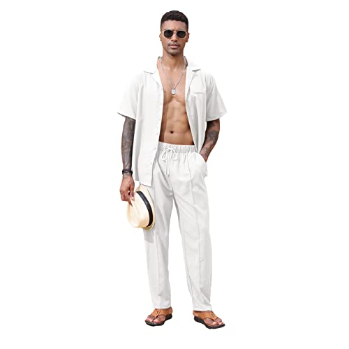 Lexiart 2 Piece Set for Men Beach Outfits Cuban Collar Button Down Shirt Darwstring Pants4