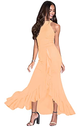 Koh Koh Plus Size Womens Long Sleeveless Halter Neck Semi Formal Elegant Cocktail Evening Asymmetric Flowy Fishtail Chic Sexy Tall Ball Gown Gowns Maxi Dress Dresses, Light Pink Peach 2Xl 18-20 #TOP21