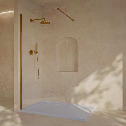 SOULHOME Mampara de ducha Panel Fijo, Fácil instalación Vidrio de seguridad 8 mm antical, 110 cm ancho x 200 cm alto, Perfil Dorado ✅